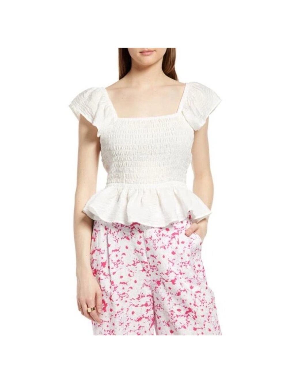 Open Edit  Womens white Smocked Ruffle Sleeve, peplum blouse size M.  new